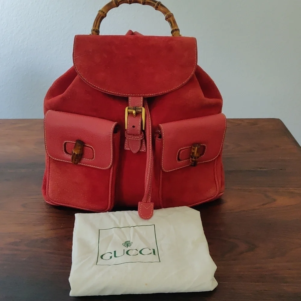 Red Suede Gucci Backpack Vintage Bamboo - Picture 3 of 17